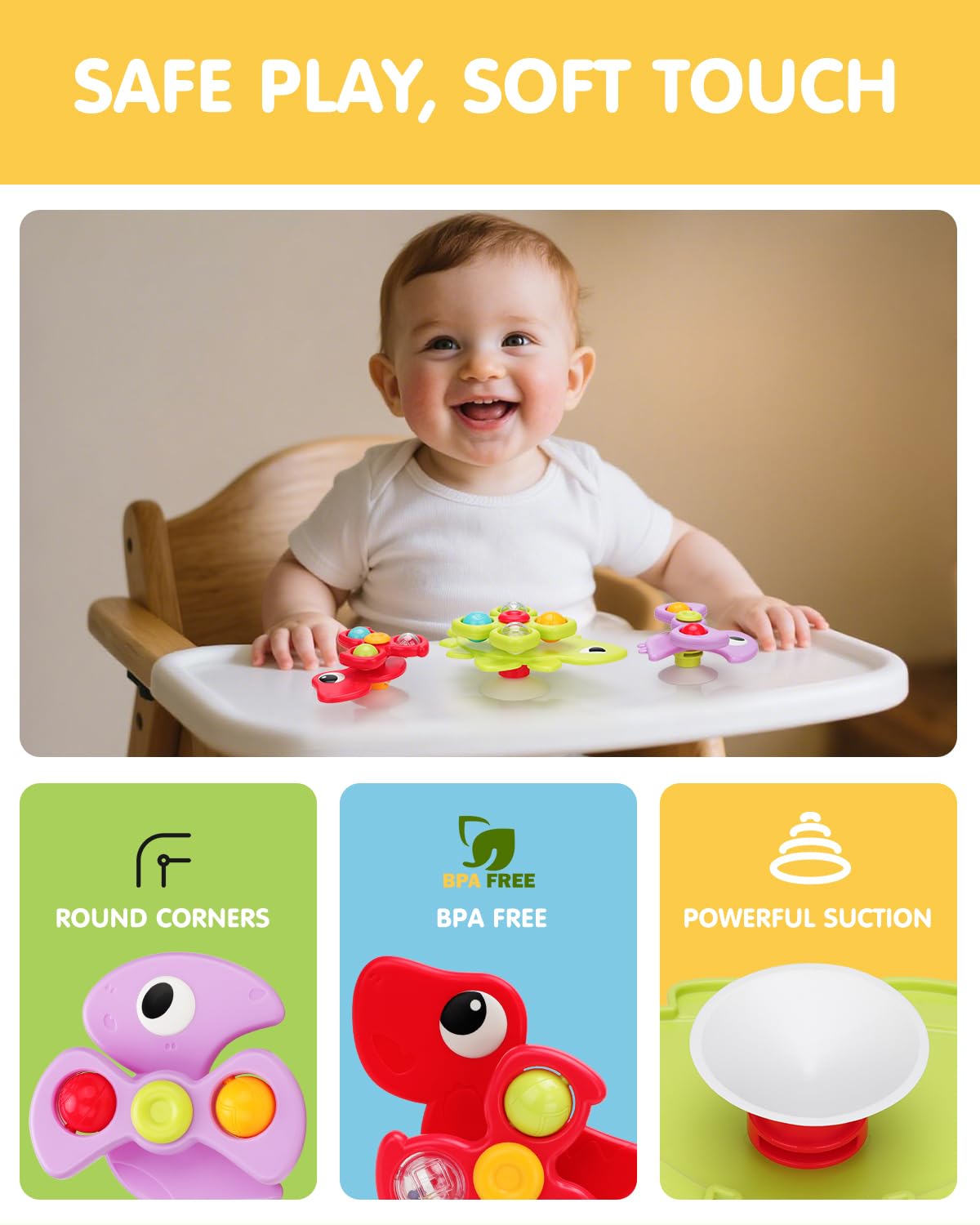 Popdoll x Dimoarch 3PCS Dinosaur Suction Cup Toys for 1-3 Year Old Boys Girls