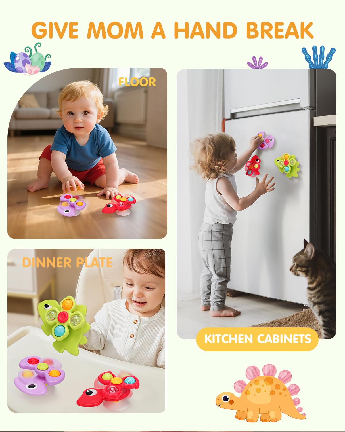 Popdoll x Dimoarch 3PCS Dinosaur Suction Cup Toys for 1-3 Year Old Boys Girls